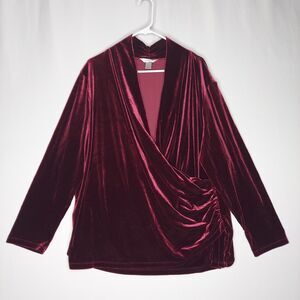 CJ Banks Velour Faux Wrap Top Women 2X Burgundy Stretch V-Neck Long Sleeve